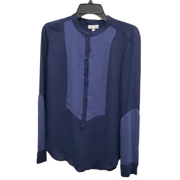 Leith Women's Blue Colorblock Polyester Liquid Knit Long Sleeve Button Up Top M - Picture 1 of 5
